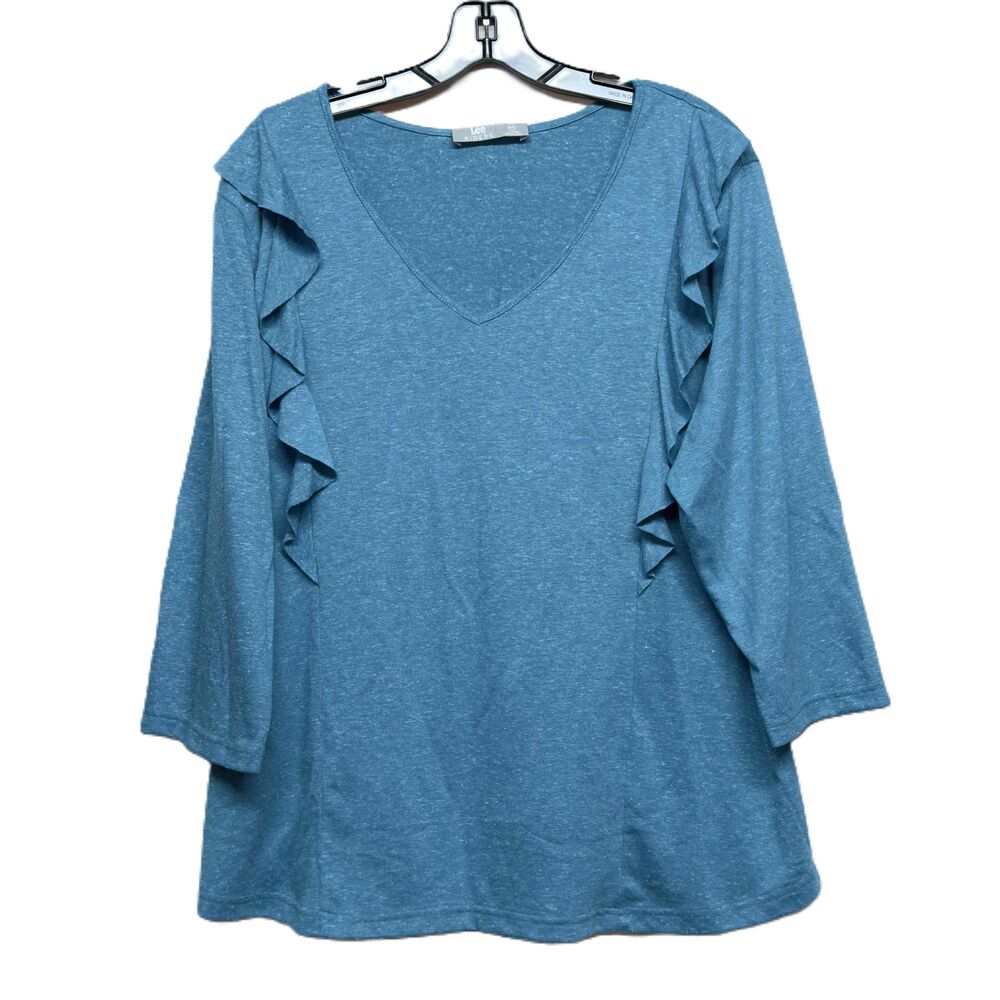 NEW Lee Riders Womens Blue Ruffle Long Sleeve V Neck Blouse Model TXP18 Size 1X
